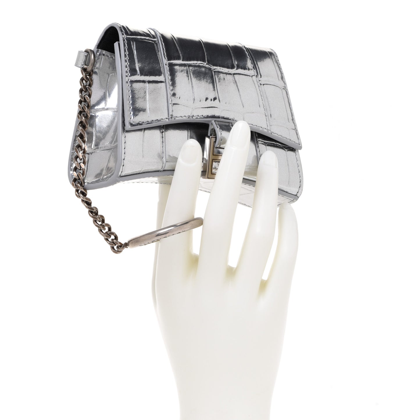 Metallic Calfskin Crocodile Embossed Hourglass Chain Cardholder Silver