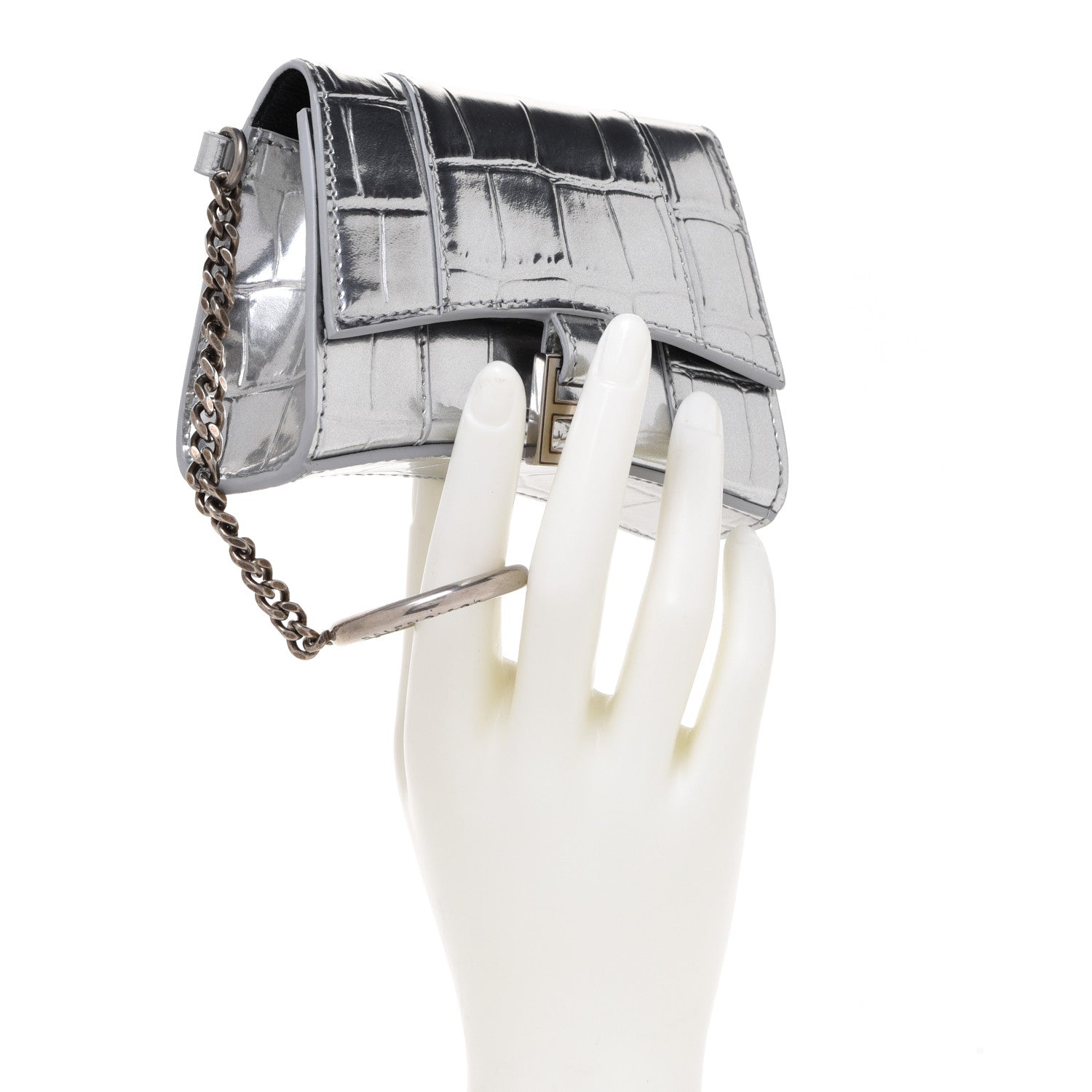 Balenciaga Metallic Calfskin Crocodile Embossed Hourglass Chain Cardholder Silver 2 of 7