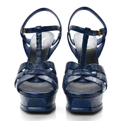 Saint Laurent Calfskin Crocodile Embossed Tribute 105 Platform Sandals 39 Blue 2 of 7
