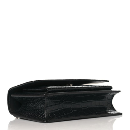 Saint Laurent Calfskin Crocodile Embossed Monogram Sunset Chain Wallet Navy 4 of 8