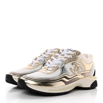 Chanel Fabric Laminated Calfskin Stretch CC Womens Sneakers 41 White Gold Silver 3 of 11