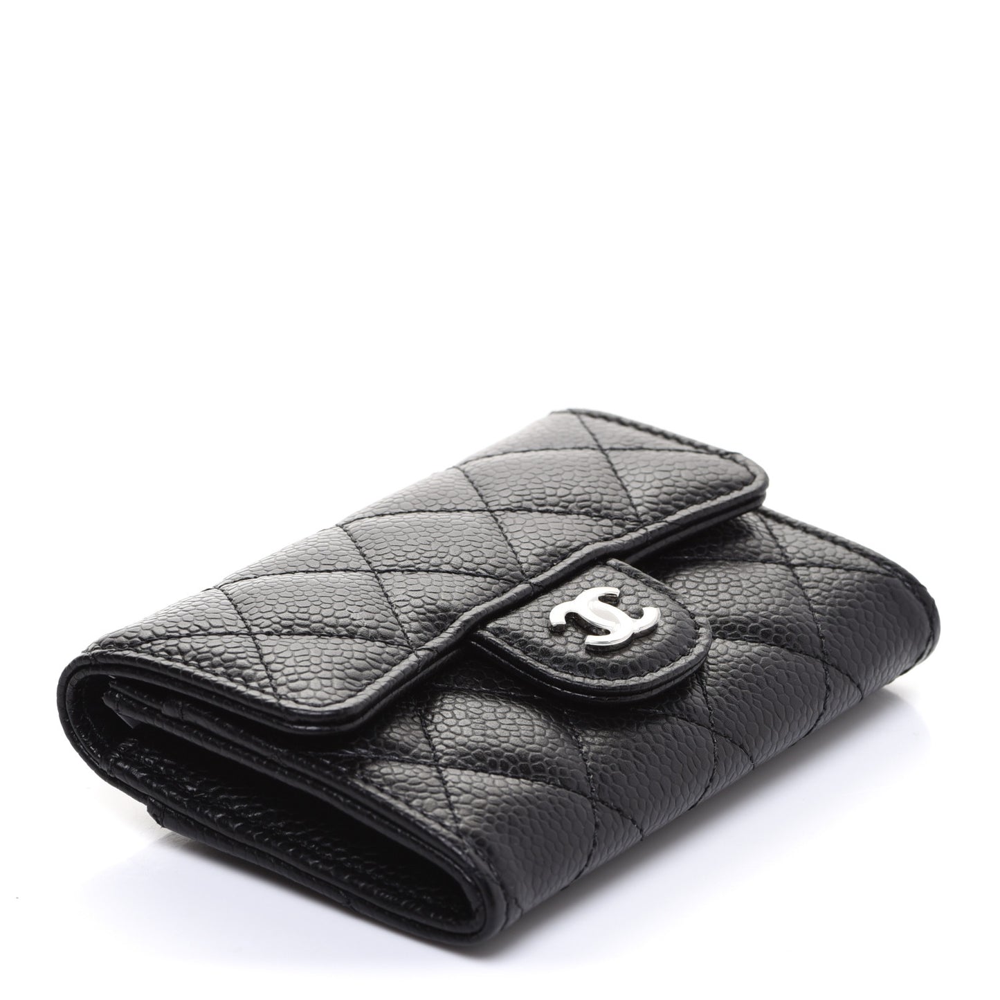 Caviar Quilted Flap Card Holder Wallet Black