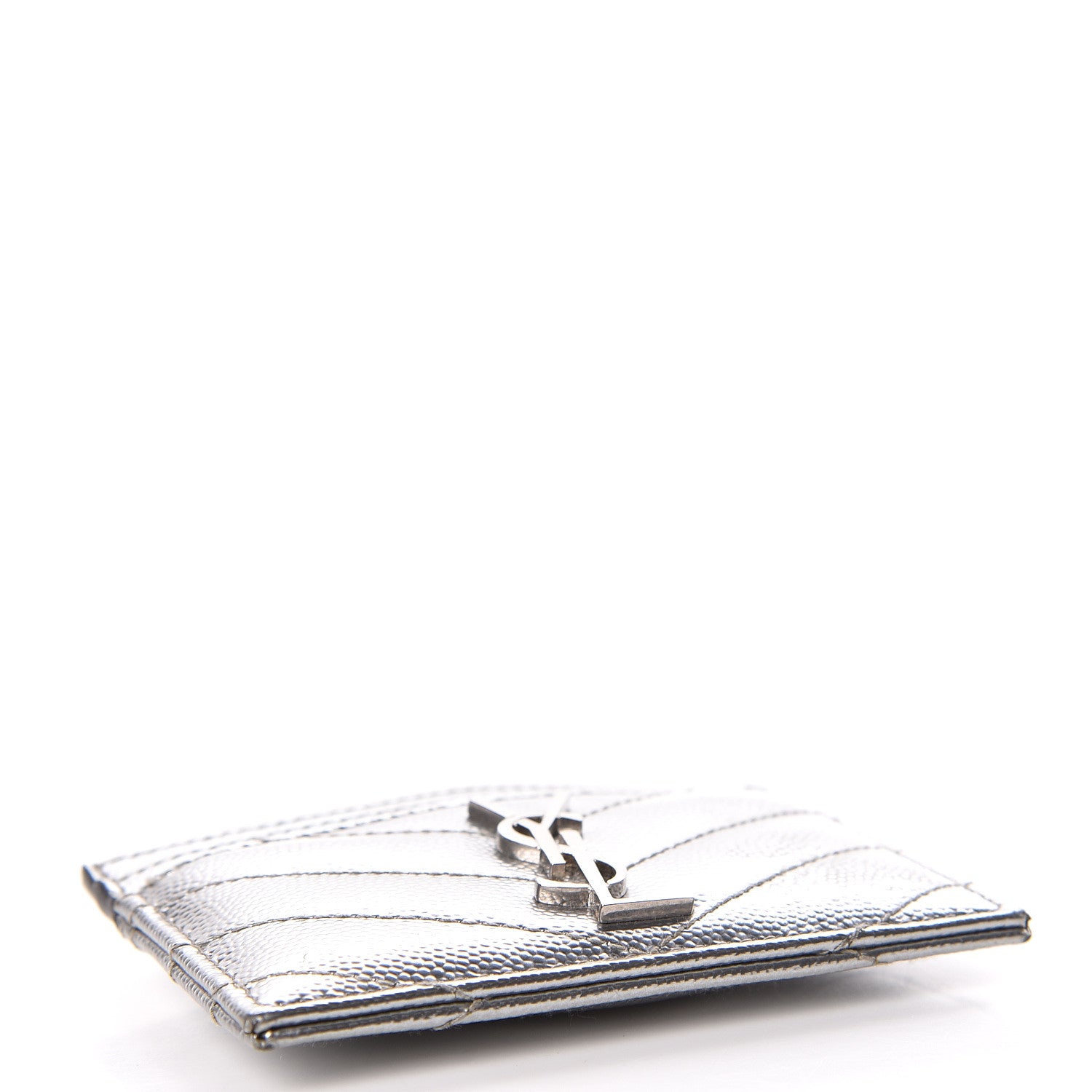 Saint Laurent Metallic Grain De Poudre Matelasse Chevron Monogram Credit Card Case Argento 4 of 12