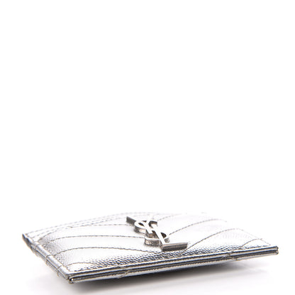 Saint Laurent Metallic Grain De Poudre Matelasse Chevron Monogram Credit Card Case Argento 4 of 12