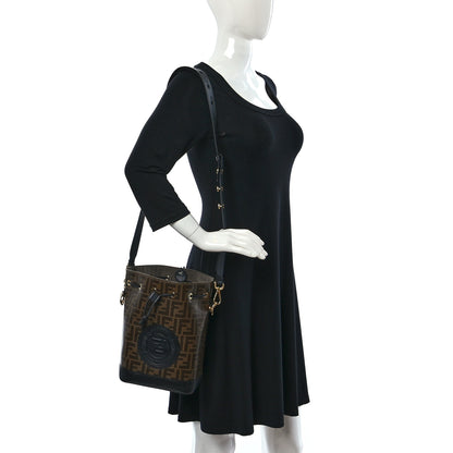 Fendi Glazed Fabric Vitello Grace F is Fendi FF 1974 Stamp Patch Grande Mon Tresor Bucket Bag Mogano Panna Black 2 of 9