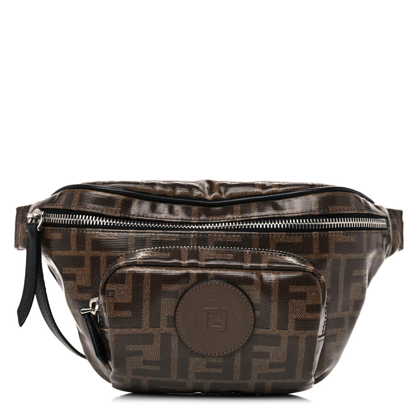 Glazed Fabric Vitello Century FF 1974 Stamp Patch Mens Pocket Belt Bag Mogano Panna Black