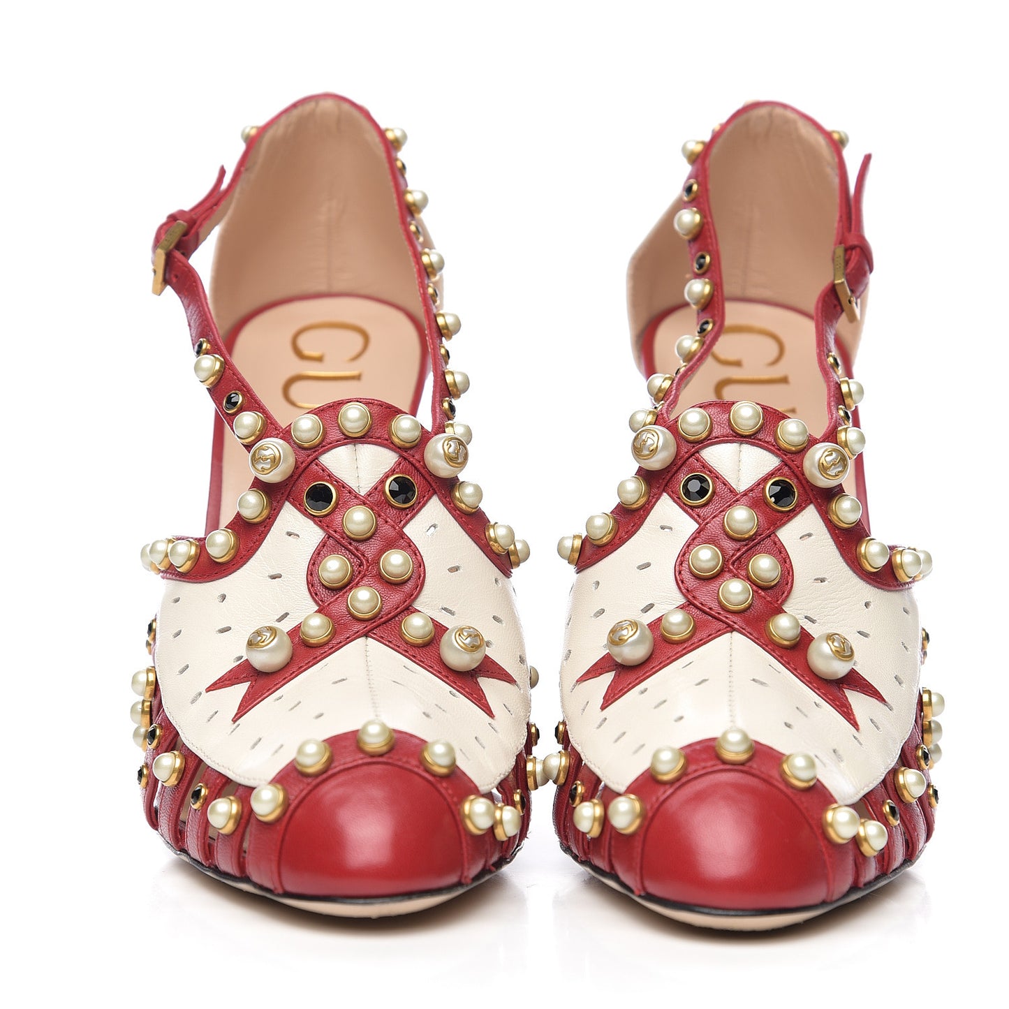 Calfskin Pearl Studded Tracey Pumps 39 Red White