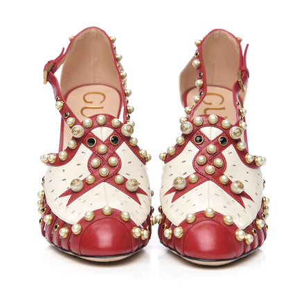 Gucci Calfskin Pearl Studded Tracey Pumps 39 Red White 2 of 8