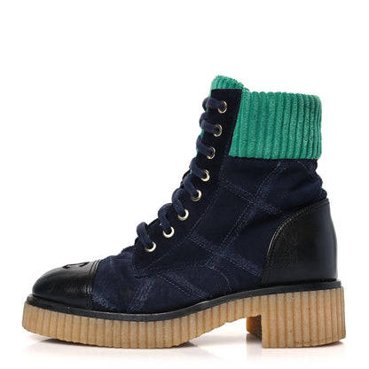 Chanel Suede Calfskin Velvet Quilted CC Combat Boots 36 Navy Green Black 1 of 8