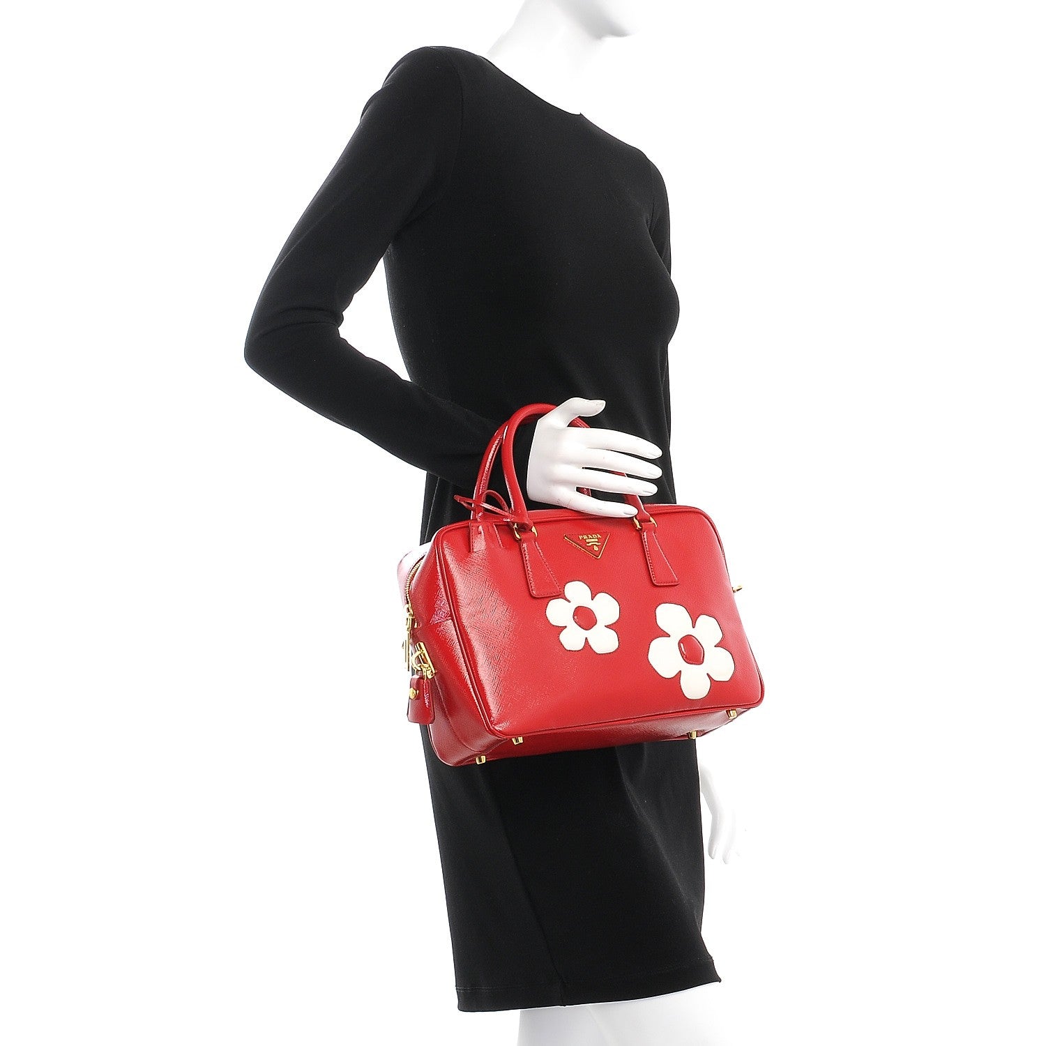 Prada Saffiano Vernice Floral Bauletto Bag Rosso Bianco 3 of 9
