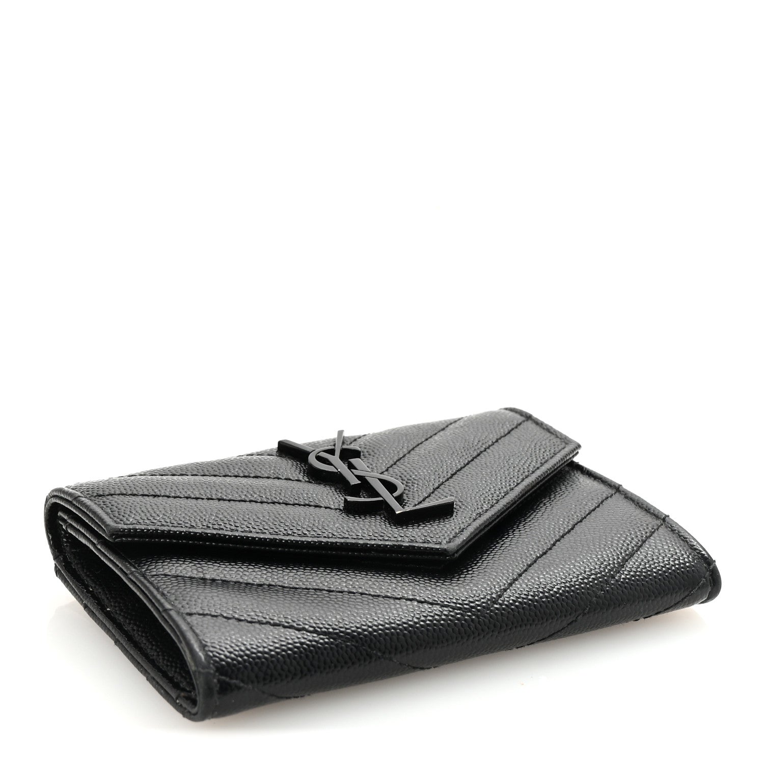Saint Laurent Grain De Poudre Matelasse Chevron Monogram Monochrome Compact Wallet Black 4 of 6