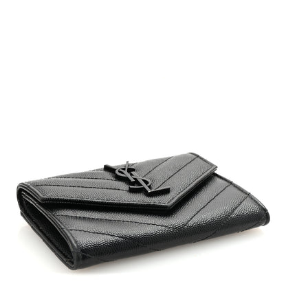 Saint Laurent Grain De Poudre Matelasse Chevron Monogram Monochrome Compact Wallet Black 4 of 6