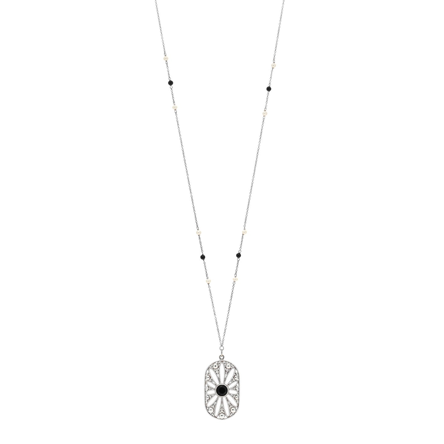 Sterling Silver Black Onyx Pearl Ziegfeld Daisy Pendant Necklace