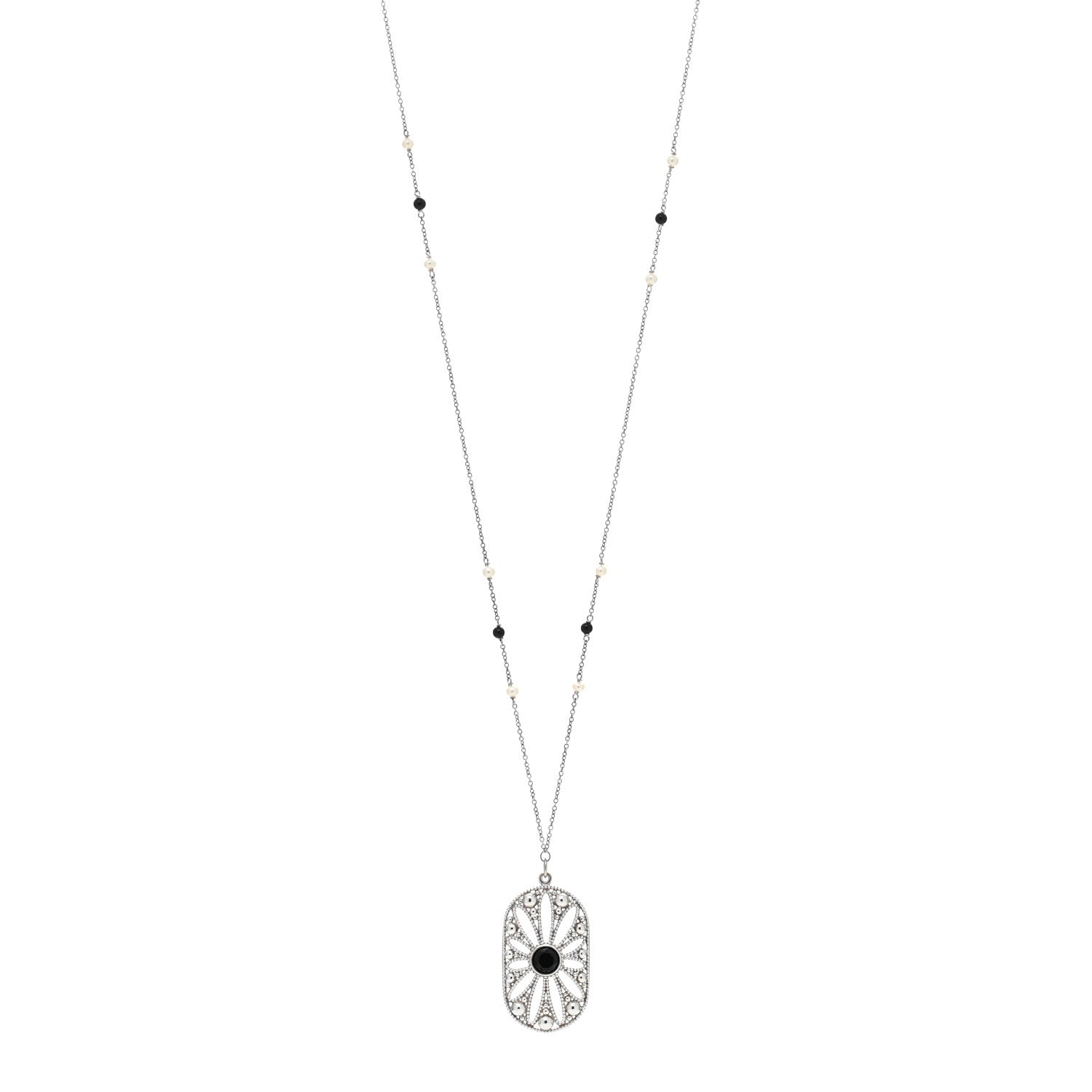 Tiffany Sterling Silver Black Onyx Pearl Ziegfeld Daisy Pendant Necklace 1 of 4