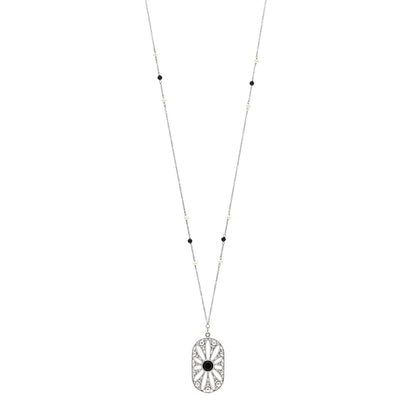 Tiffany Sterling Silver Black Onyx Pearl Ziegfeld Daisy Pendant Necklace 1 of 4