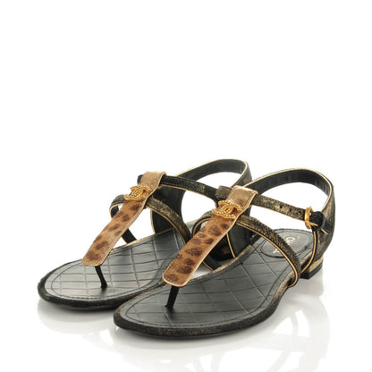 Chanel Metallic Calfskin Leopard Print Pony Hair CC Sandals 36 Gold Brown Black 3 of 7