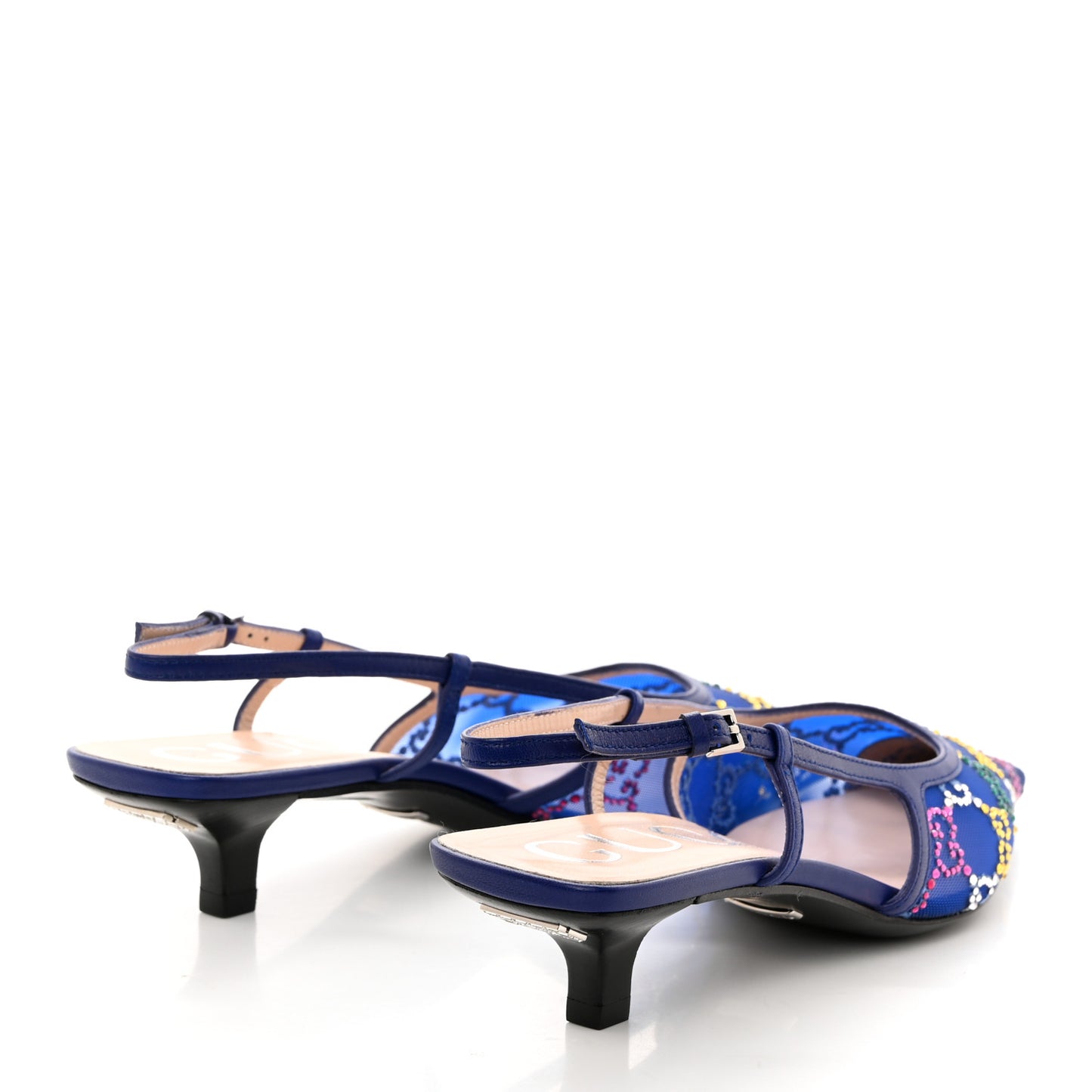 Tela Retino Nappa Charlotte Crystal GG Monogram Square G 35mm Slingback Pumps 37 Splash Net Blue Witch