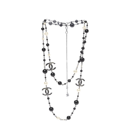 Chanel Resin Pearl Bead CC Long Necklace Silver Black White 2 of 5