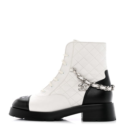 Chanel Caviar Calfskin Quilted Chain Lace Up Combat Boots 40 White Black 1 of 13