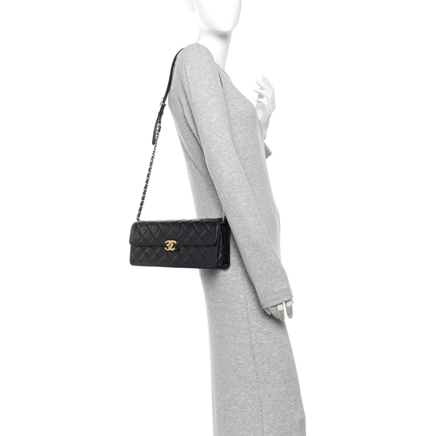 Patent Lambskin Quilted East West Flap Shoulder Bag Black