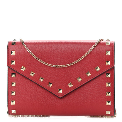 Valentino Garavani Pebbled Calfskin Rockstud Envelope Wallet on Chain Rosso Valentino 1 of 10