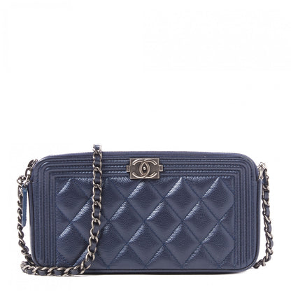 Chanel Metallic Caviar Quilted Small Boy Clutch With Chain Navy 1 of 11
