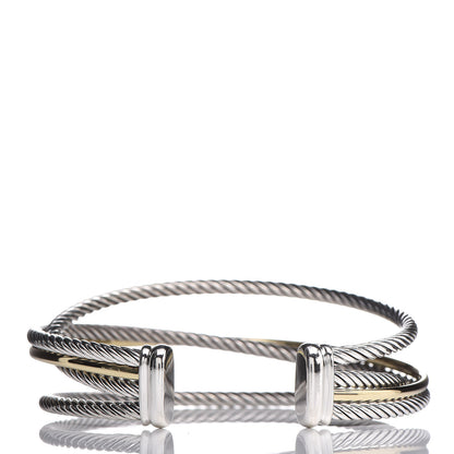 David Yurman Sterling Silver 18K Yellow Gold Crossover Three Row Cuff Bracelet 3 of 5