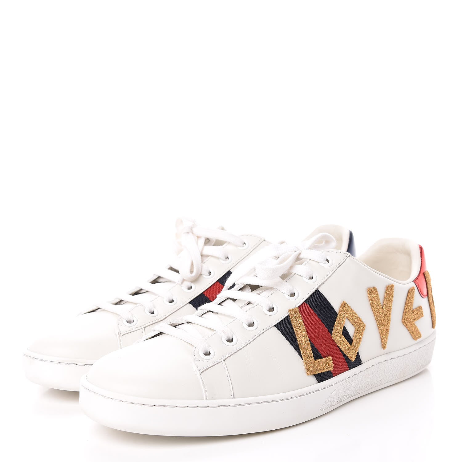 Gucci Calfskin Nappa Web LOVED Embroidered Womens Ace Sneakers 40 White Red Flame Notte 3 of 11