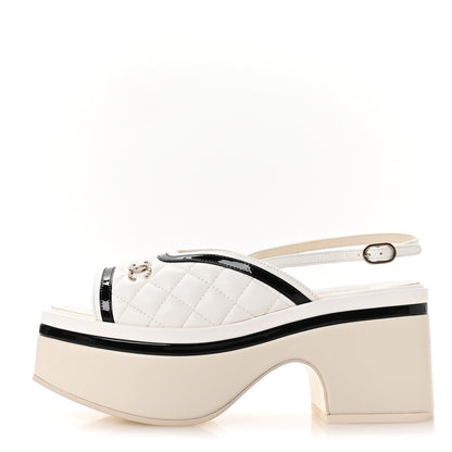 Chanel Lambskin Patent Quilted CC Platform Sandals 36 White Black 1 of 9