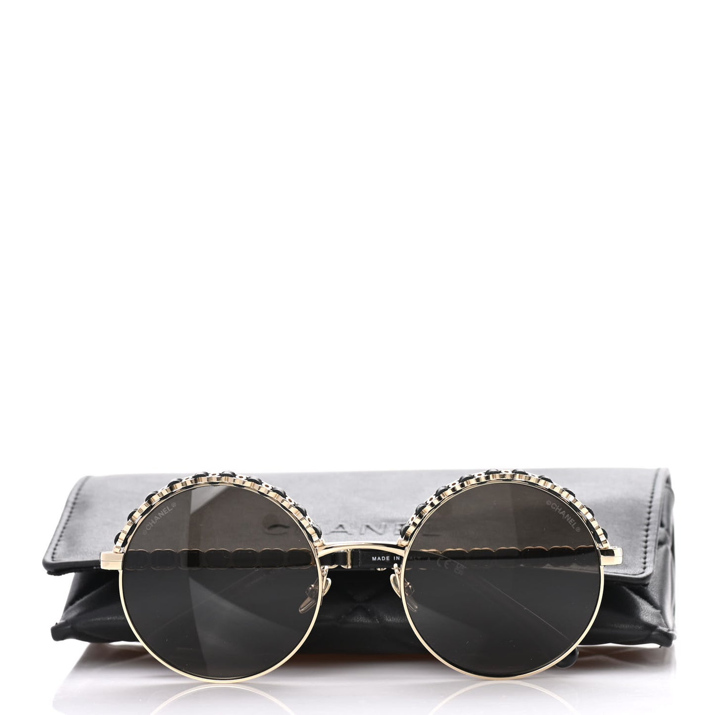 Metal Calfskin Round Chain Sunglasses 4265-Q Black