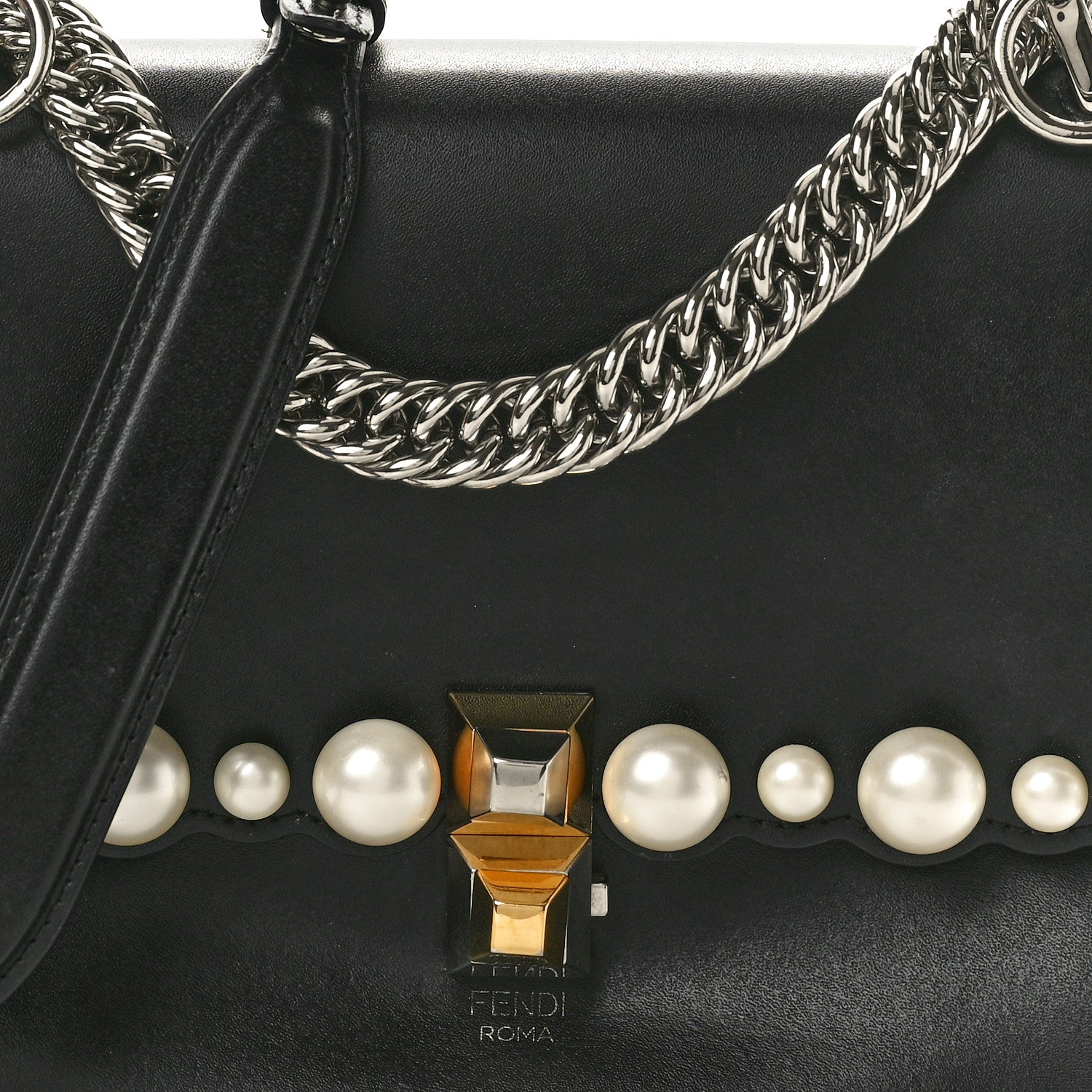 Fendi Vitello Liberty Pearl Scalloped Studded Small Kan I Shoulder Bag Black 8 of 11