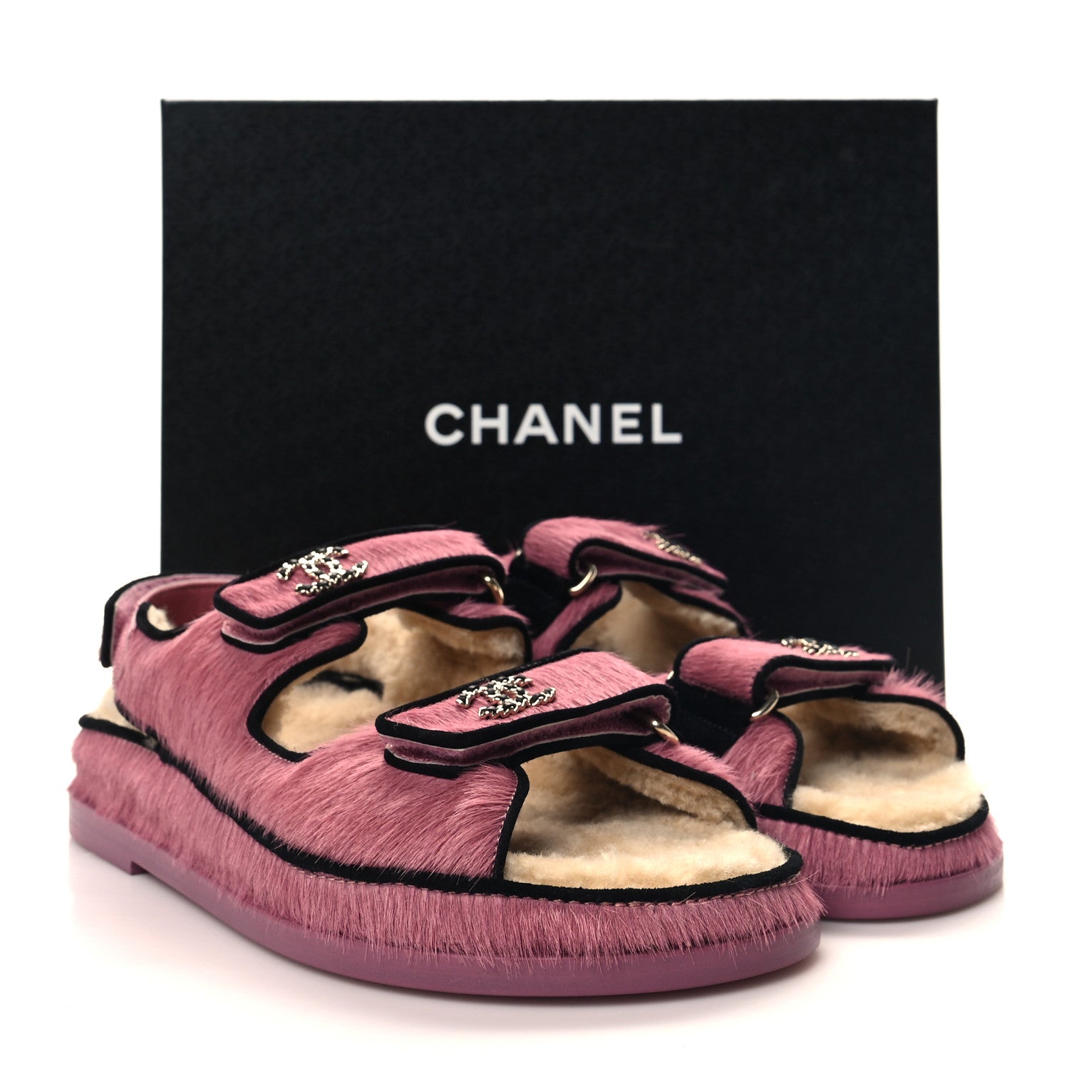 Chanel Calfskin Hair Suede Shearling Dad Sandals 38.5 Rose Black 9 of 9