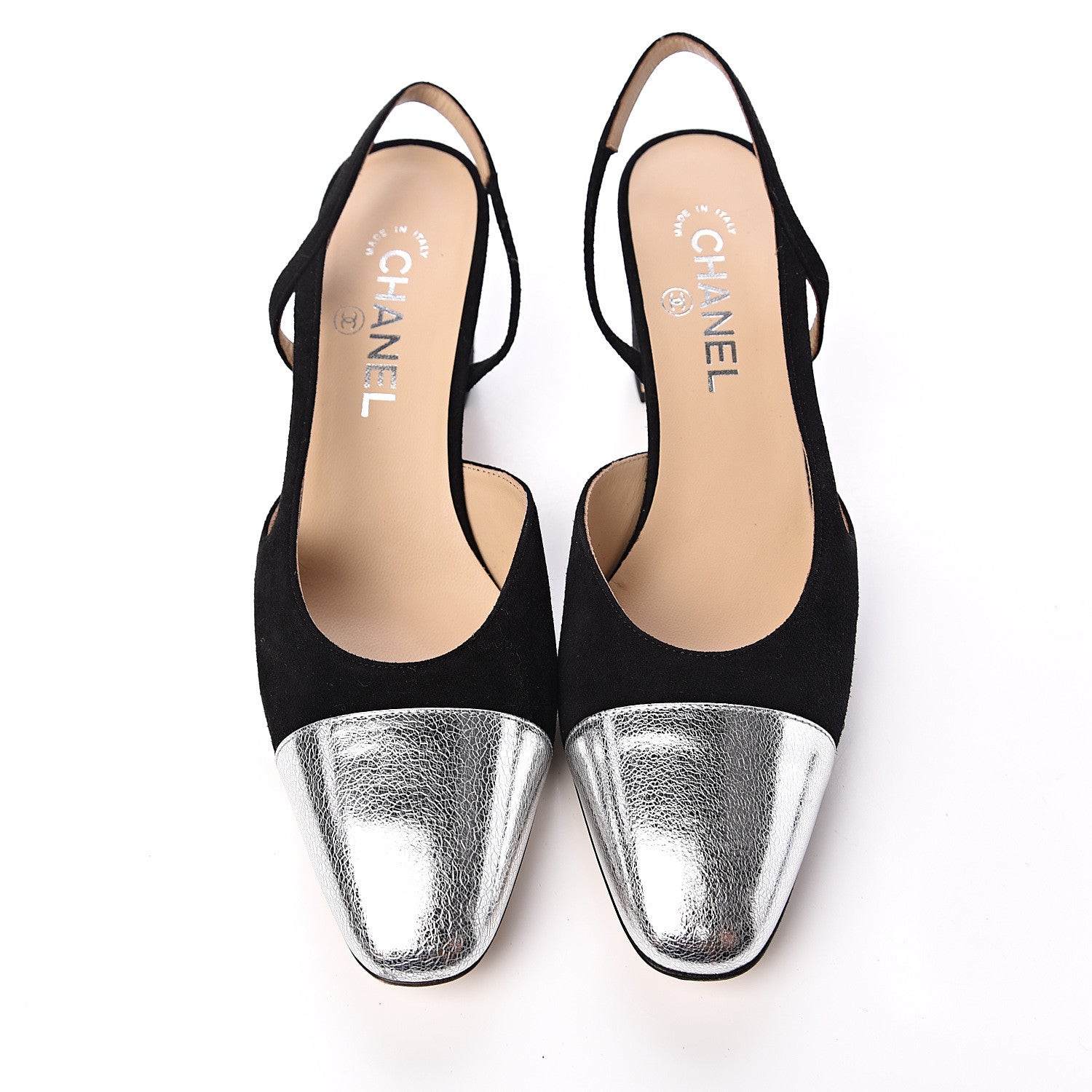 Chanel Kid Suede Metallic Lambskin Cap Toe CC Slingback Pumps 40 Black Silver 9 of 10