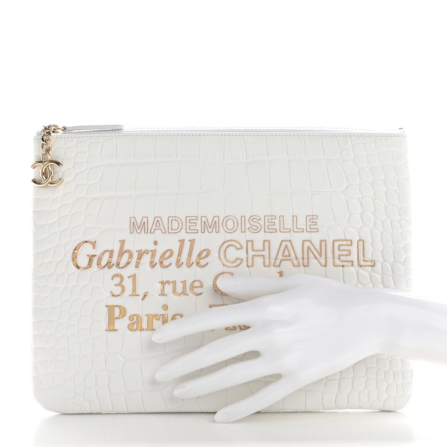 Calfskin Crocodile Embossed Cocodile Medium Cosmetic Case White Gold