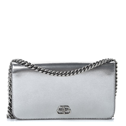 Balenciaga Metallic Grained Calfskin BB Phone Holder Wallet On Chain Silver 1 of 11