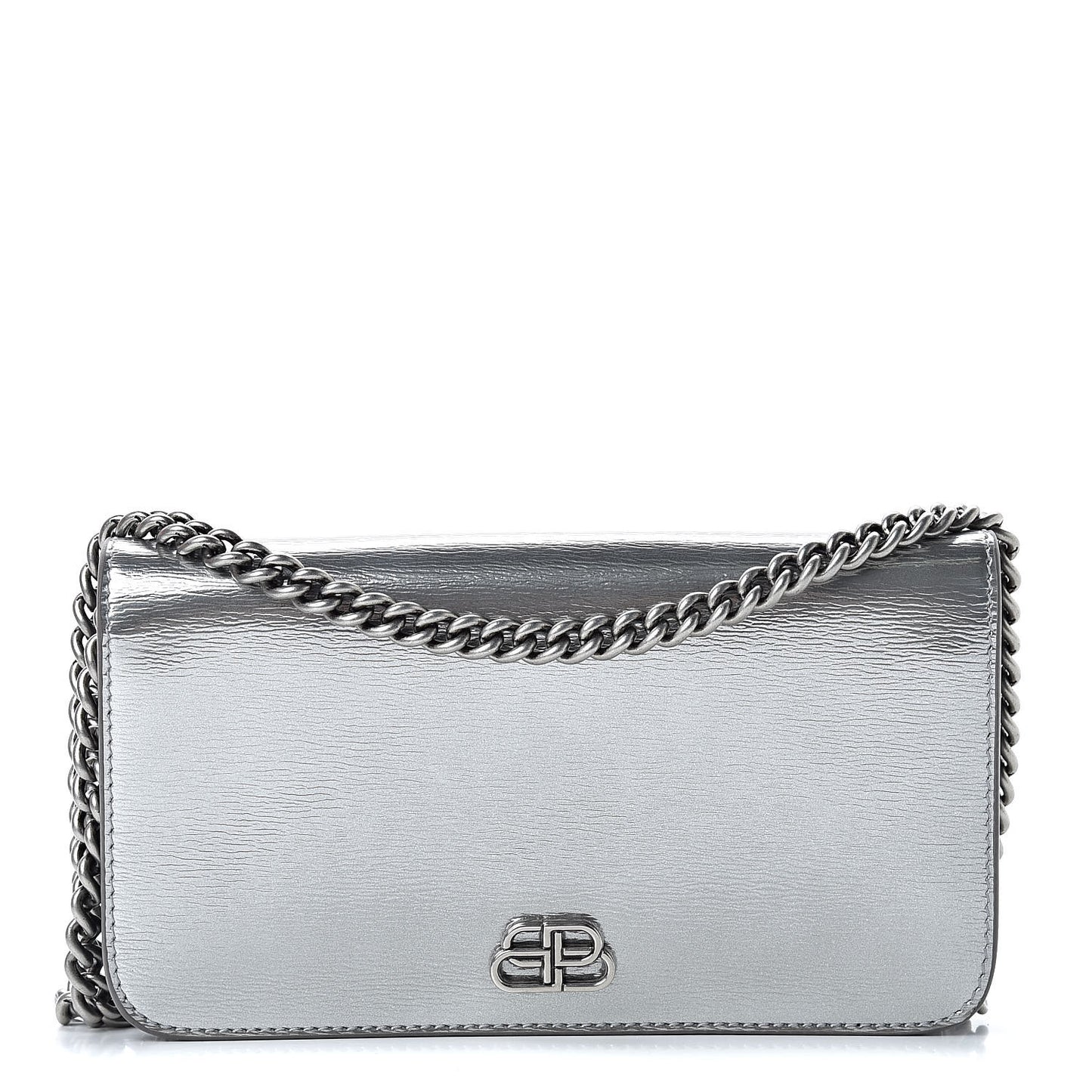 Metallic Grained Calfskin BB Phone Holder Wallet On Chain Silver
