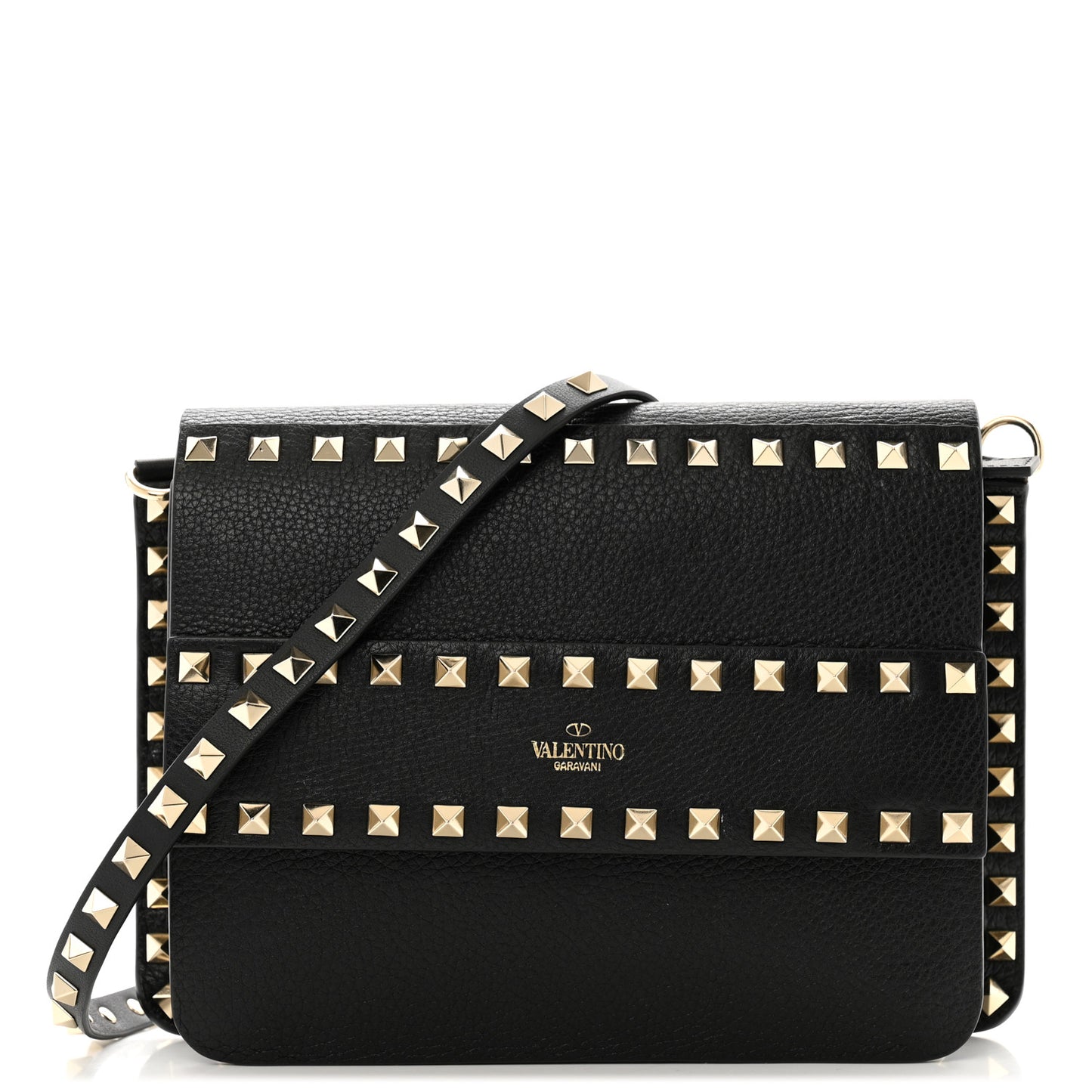 Pebbled Calfskin Rockstud Side Slip Crossbody Black