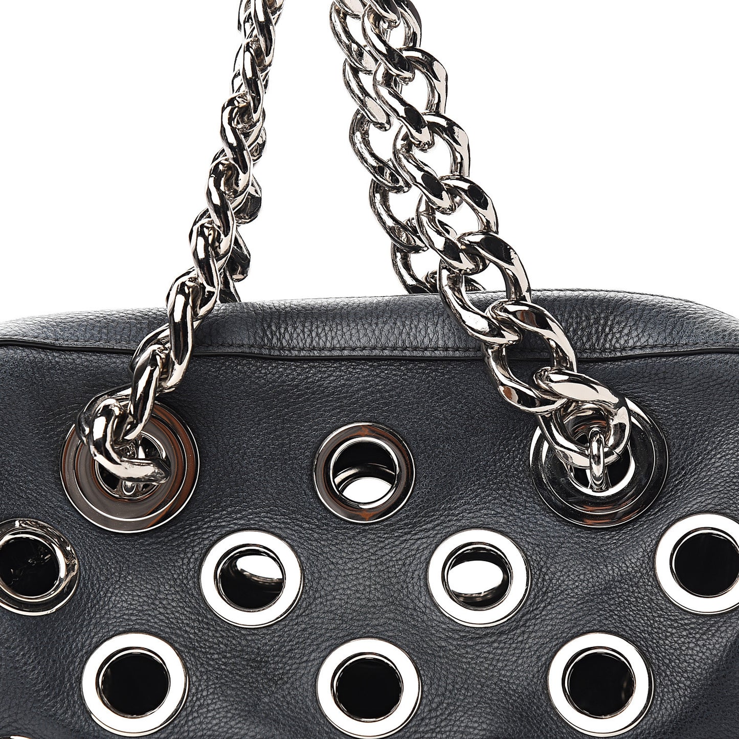 Vitello Daino Grommet Chain Satchel Bag Black