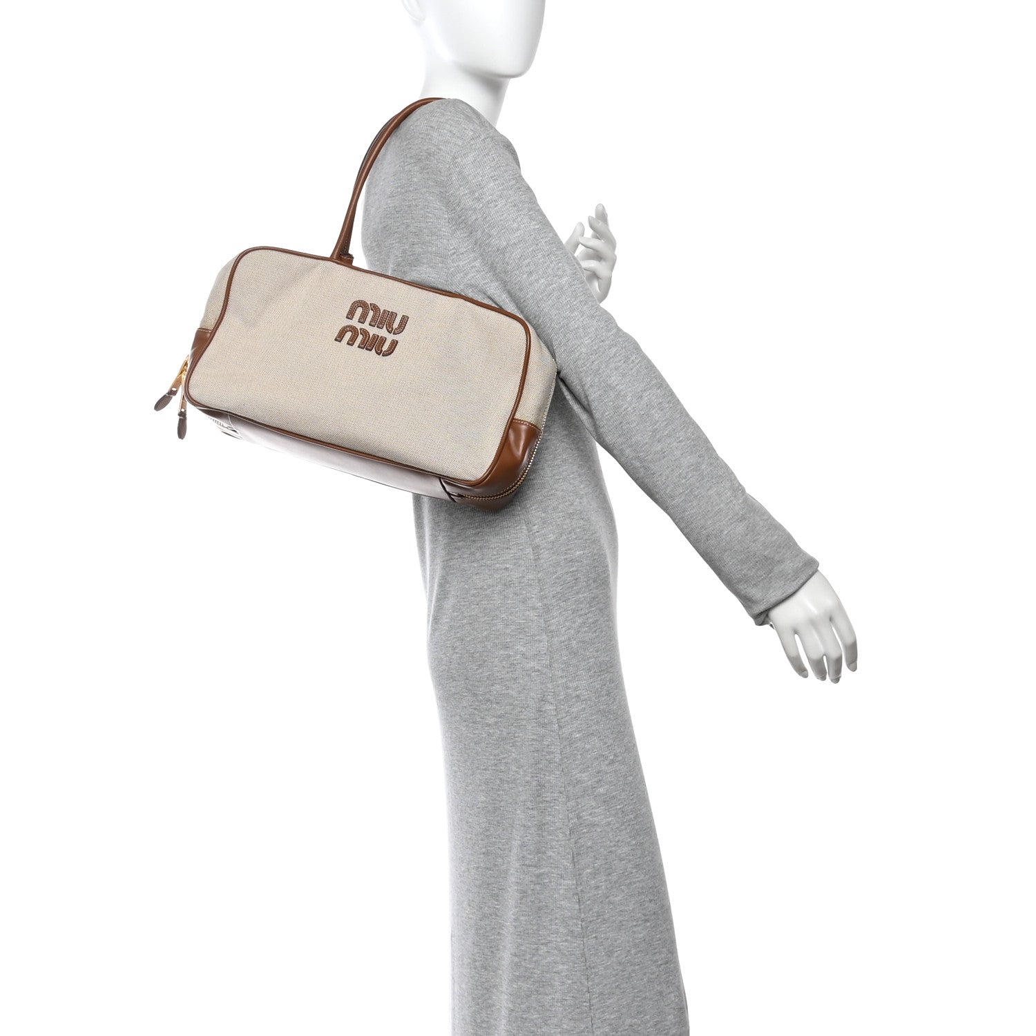 Miu Miu Canvas Calfskin Large Beau Top Handle Bag Naturale Brandy 2 of 10