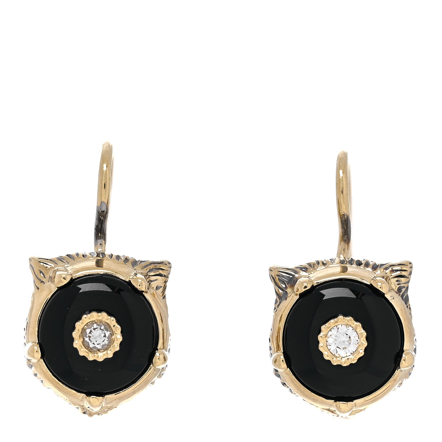Gucci 18K Yellow Gold Diamond Black Onyx Le Marche Des Merveilles Feline Earrings 1 of 5