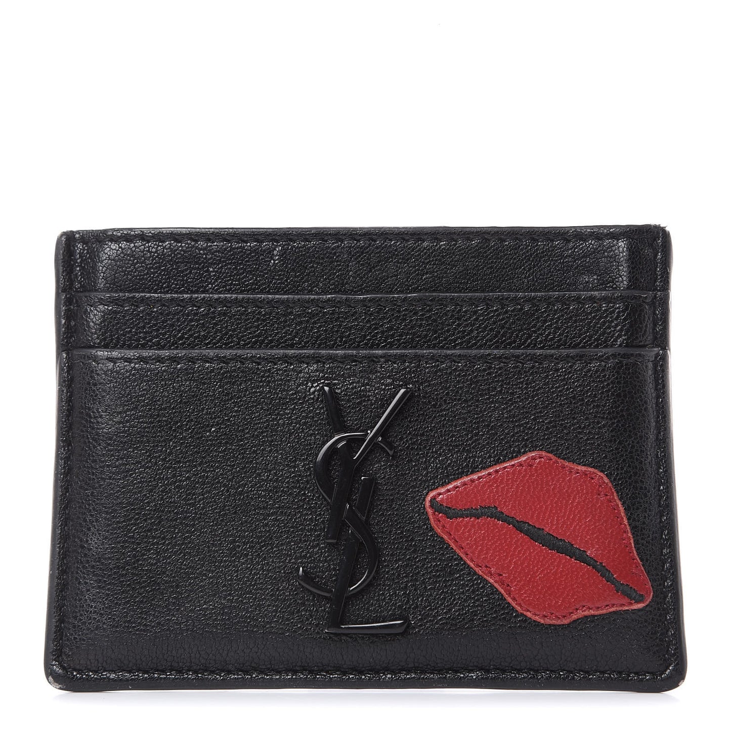 Calfskin Lip Embroidered Credit Card Case Black