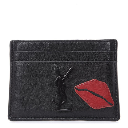 Saint Laurent Calfskin Lip Embroidered Credit Card Case Black 1 of 9