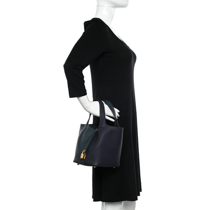 Hermes Taurillon Clemence Casaque Picotin Lock 18 PM Bleu Nuit Vert Bosphore 2 of 11