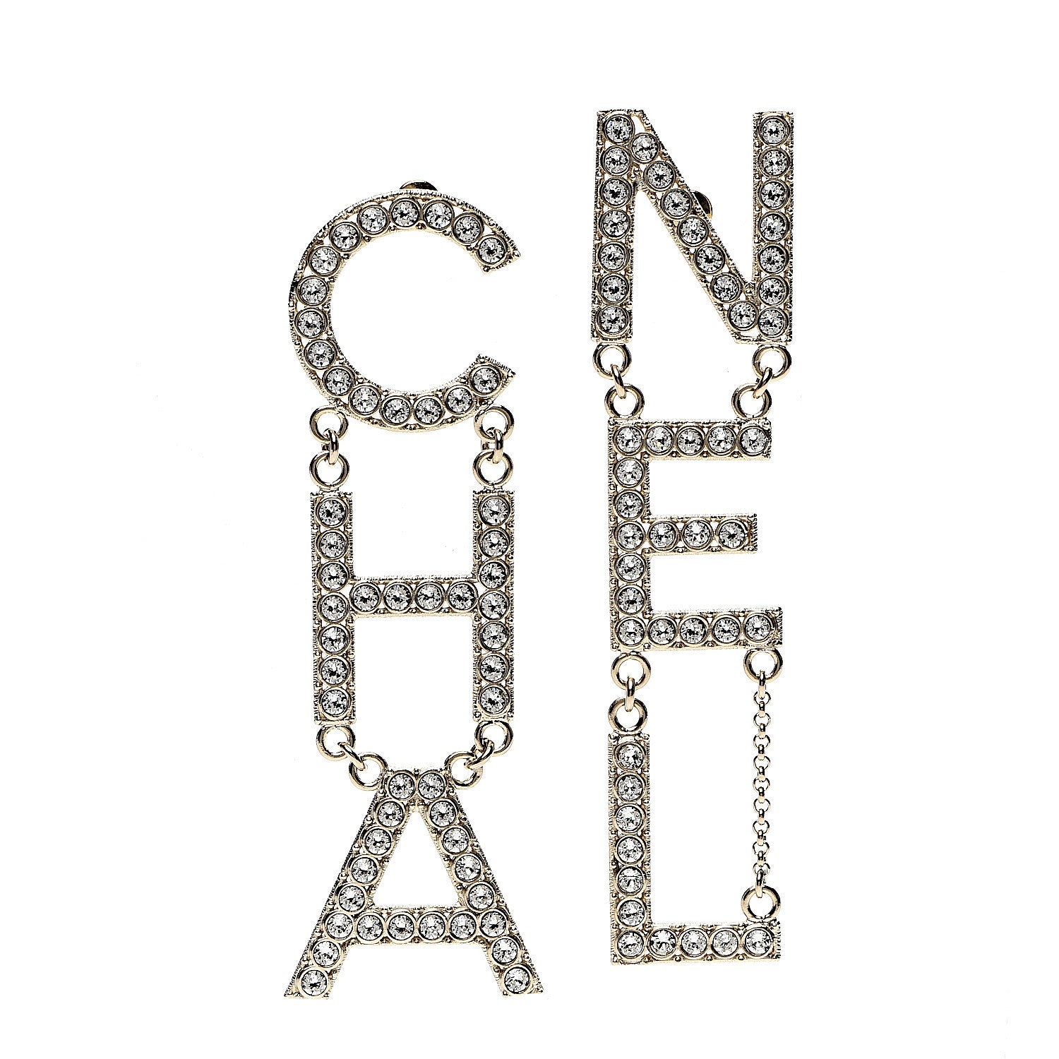 Chanel Crystal Cha-Nel Logo Drop Earrings Gold 1 of 4