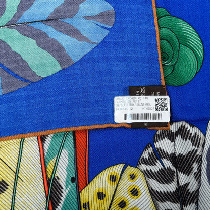 Hermes Cashmere Silk Plumes En Fete Shawl 140 Bleu Roy Jaune Rouge 5 of 6