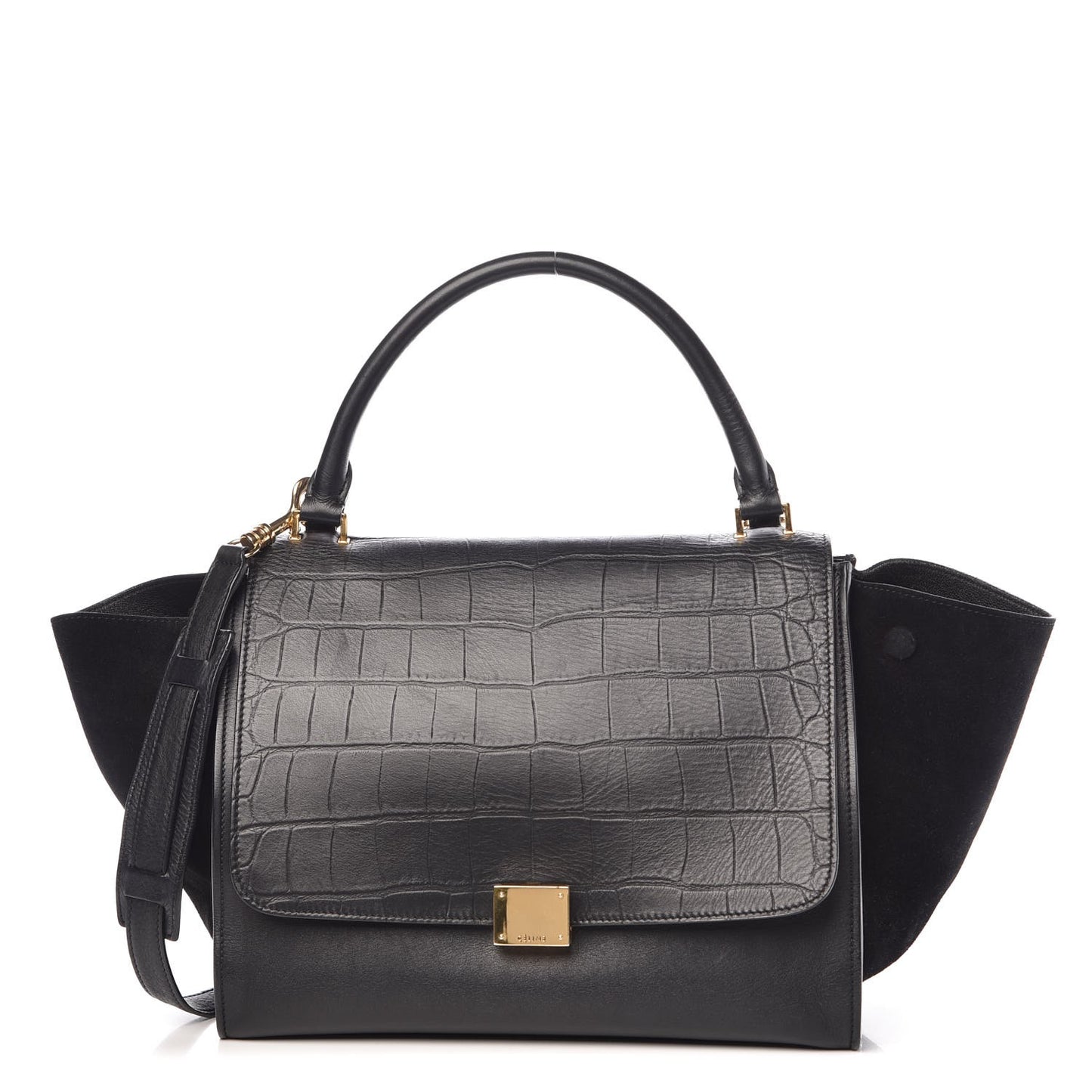 Crocodile Embossed Calfskin Suede Medium Trapeze Black
