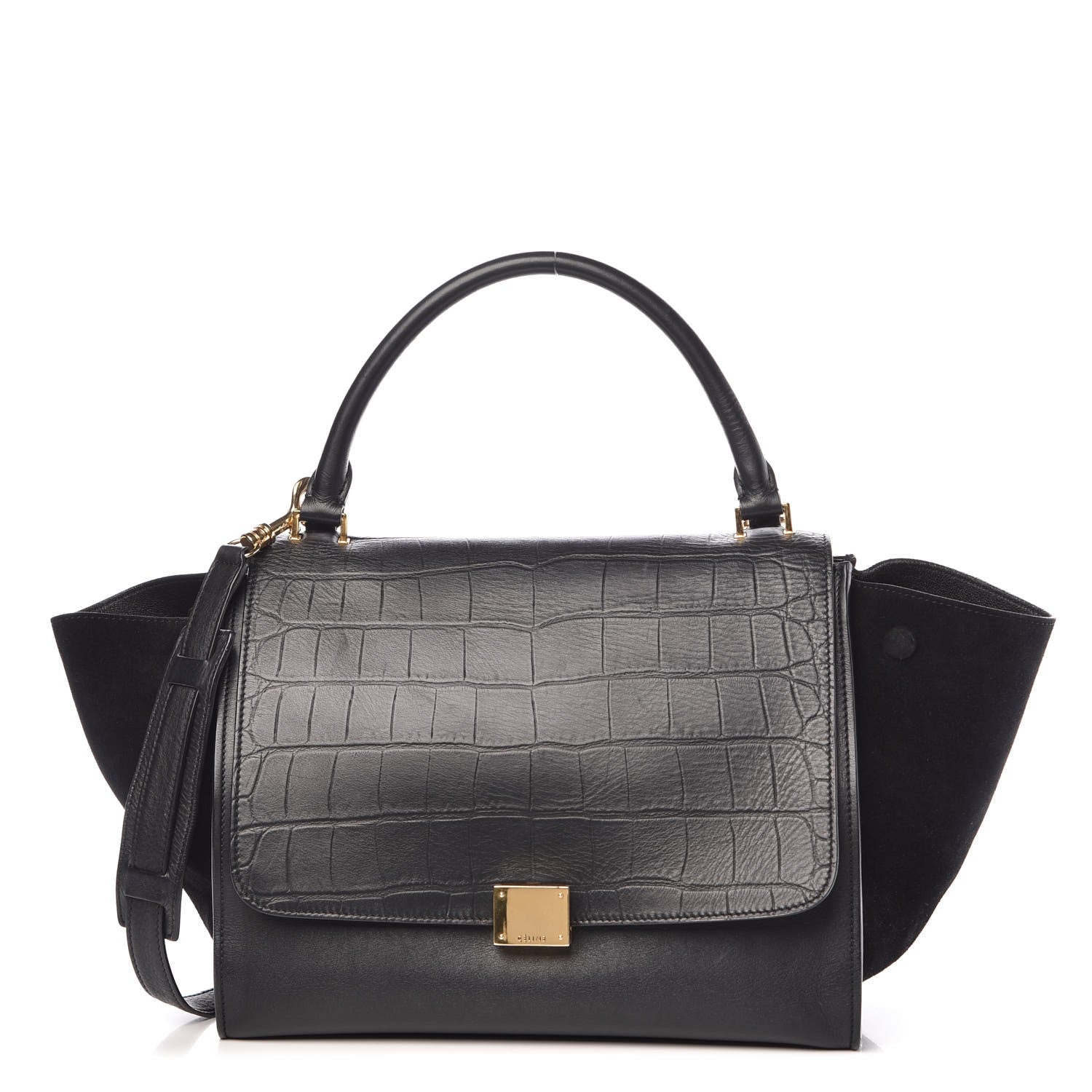 Celine Crocodile Embossed Calfskin Suede Medium Trapeze Black 1 of 23