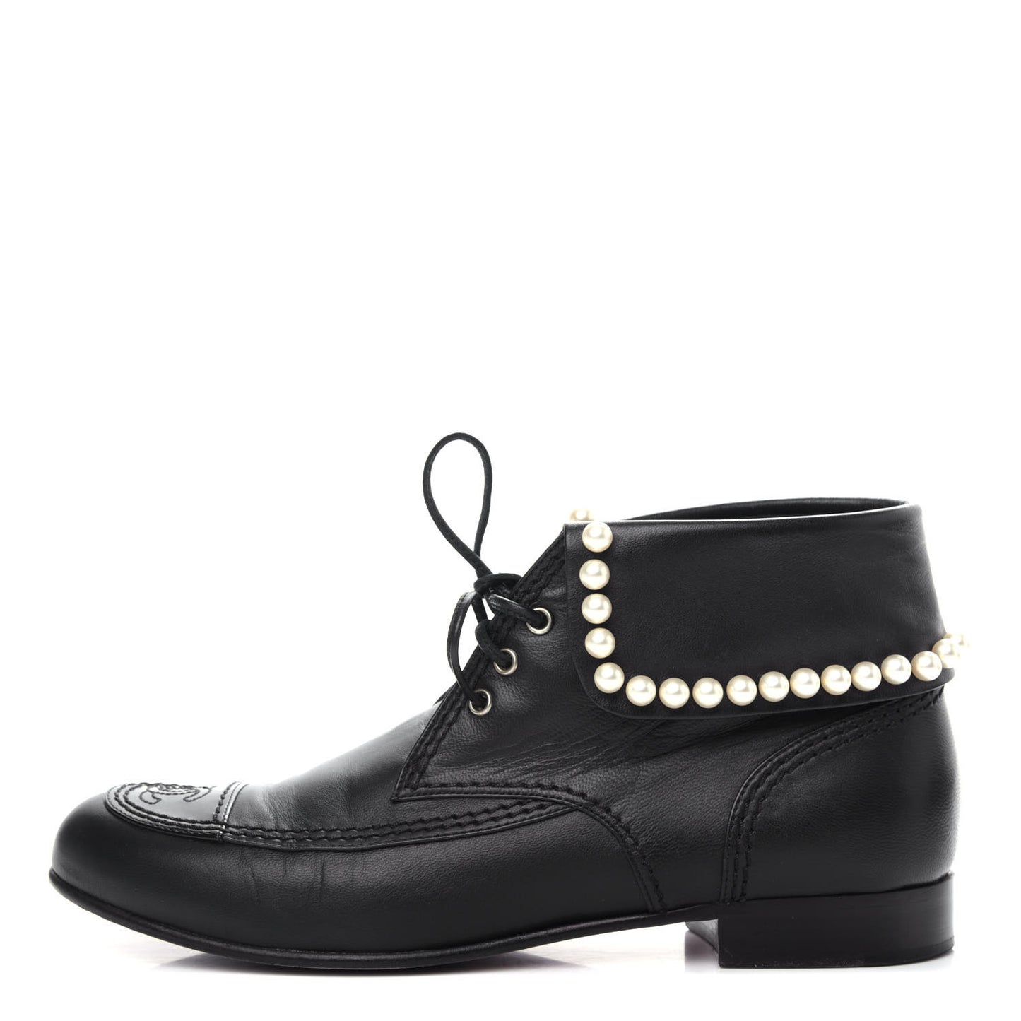 Lambskin Patent Calfskin Pearl Lace Up Boots 37.5 Black