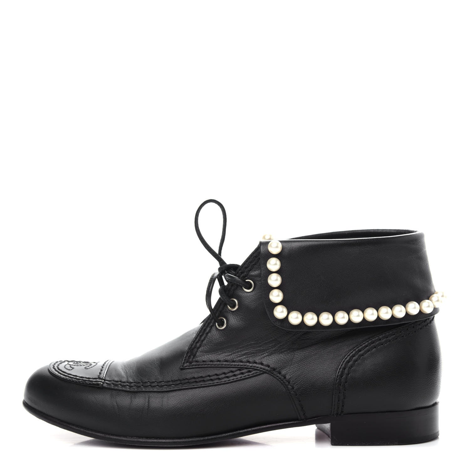 Chanel Lambskin Patent Calfskin Pearl Lace Up Boots 37.5 Black 1 of 10