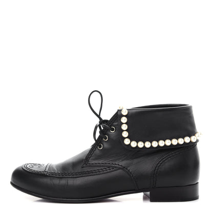 Chanel Lambskin Patent Calfskin Pearl Lace Up Boots 37.5 Black 1 of 10